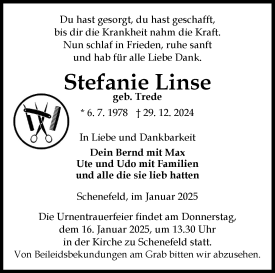 Traueranzeige von Stefanie Linse von Norddeutsche Rundschau, Wilstersche Zeitung, Glückstädter Fortuna