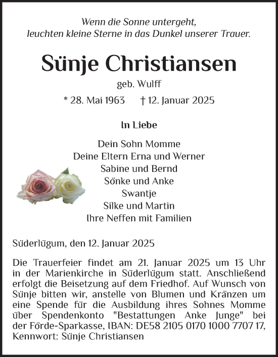 Traueranzeige von Sünje Christiansen von Husumer Nachrichten, Nordfriesland Tageblatt