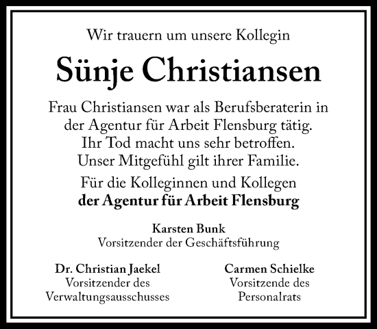 Traueranzeige von Sünje Christiansen von Husumer Nachrichten, Nordfriesland Tageblatt