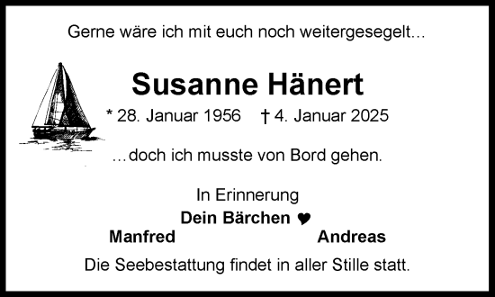 Traueranzeige von Susanne Hänert von Wochenend Anzeiger