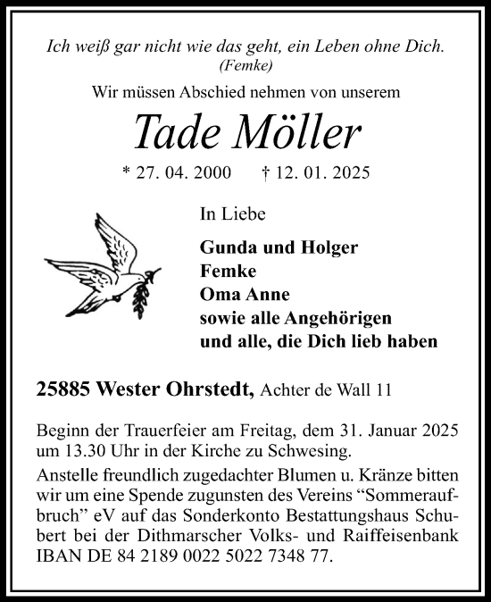 Traueranzeige von Tade Möller von Husumer Nachrichten, Nordfriesland Tageblatt