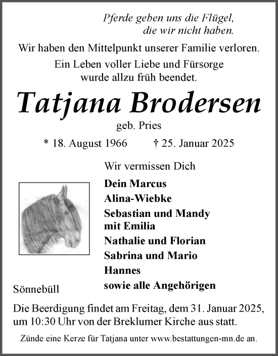 Traueranzeige von Tatjana Brodersen von Husumer Nachrichten, Nordfriesland Tageblatt