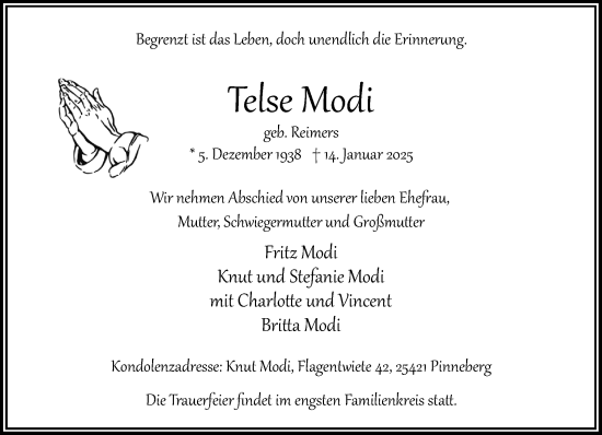 Traueranzeige von Telse Modi von Region Pinneberg und tip Pinneberg