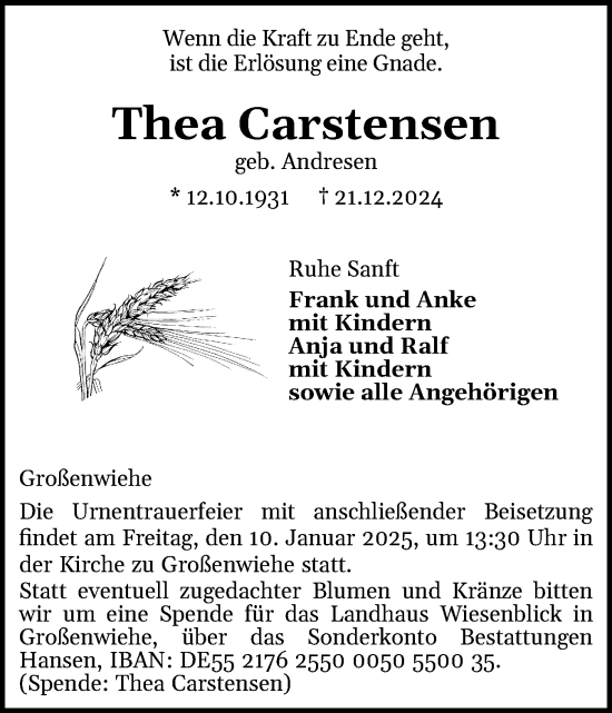 Traueranzeige von Thea Carstensen von Flensburger Tageblatt