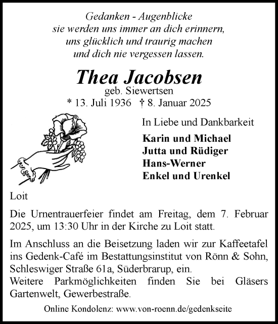 Traueranzeige von Thea Jacobsen von Flensburger Tageblatt, Schleswiger Nachrichten, Schlei-Bote