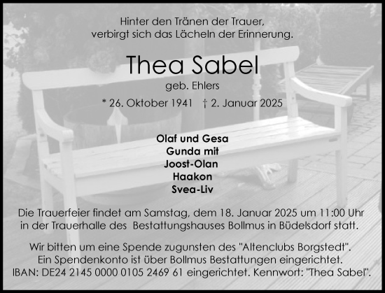 Traueranzeige von Thea Sabel von Schleswig-Holsteinische Landeszeitung