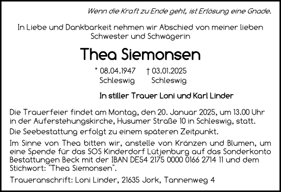 Traueranzeige von Thea Siemonsen von Schleswiger Nachrichten, Schlei-Bote