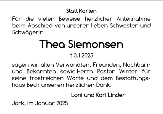 Traueranzeige von Thea Siemonsen von Schleswiger Nachrichten, Schlei-Bote