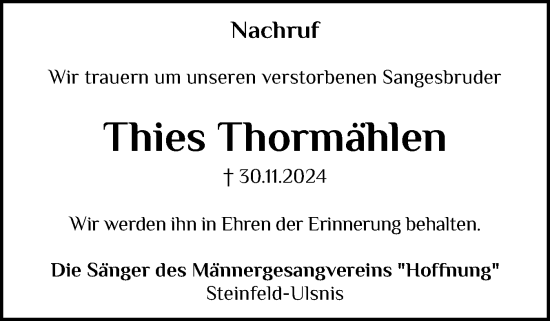 Traueranzeige von Thies Thormählen von Schleswiger Nachrichten, Schlei-Bote
