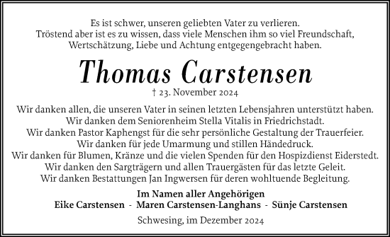Traueranzeige von Thomas Carstensen von Husumer Nachrichten, Nordfriesland Tageblatt