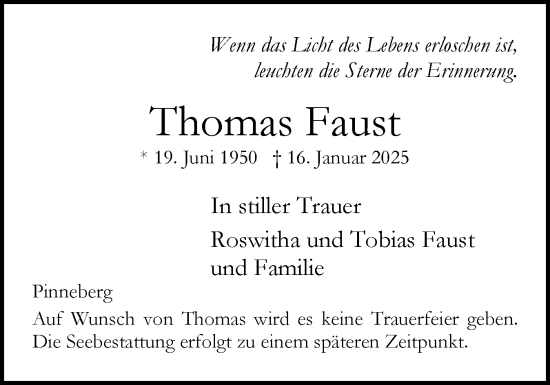 Traueranzeige von Thomas Faust von Region Pinneberg und tip Pinneberg