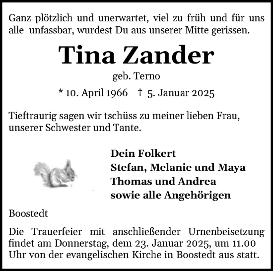 Traueranzeige von Tina Zander von Holsteinischer Courier