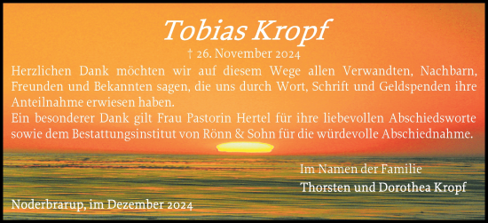 Traueranzeige von Tobias Kropf von Flensburger Tageblatt, Schleswiger Nachrichten, Schlei-Bote
