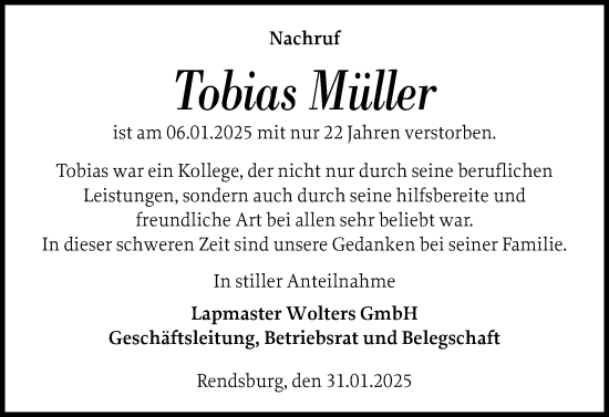 Traueranzeige von Tobias Müller von Schleswig-Holsteinische Landeszeitung