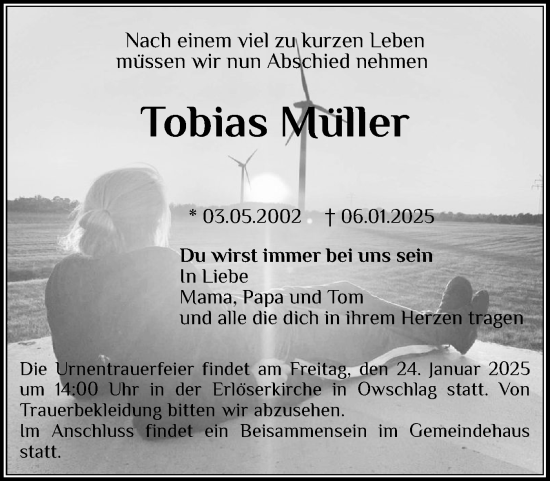 Traueranzeige von Tobias Müller von Schleswig-Holsteinische Landeszeitung