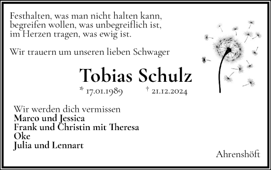 Traueranzeige von Tobias Schulz von Husumer Nachrichten, Nordfriesland Tageblatt