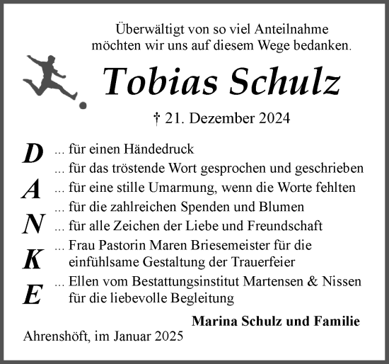 Traueranzeige von Tobias Schulz von Husumer Nachrichten, Nordfriesland Tageblatt