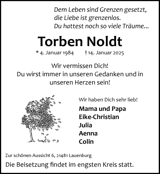 Traueranzeige von Torben Noldt von Wochenend Anzeiger