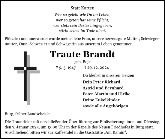 Traueranzeige von Traute Brandt von Norddeutsche Rundschau, Wilstersche Zeitung, Glückstädter Fortuna