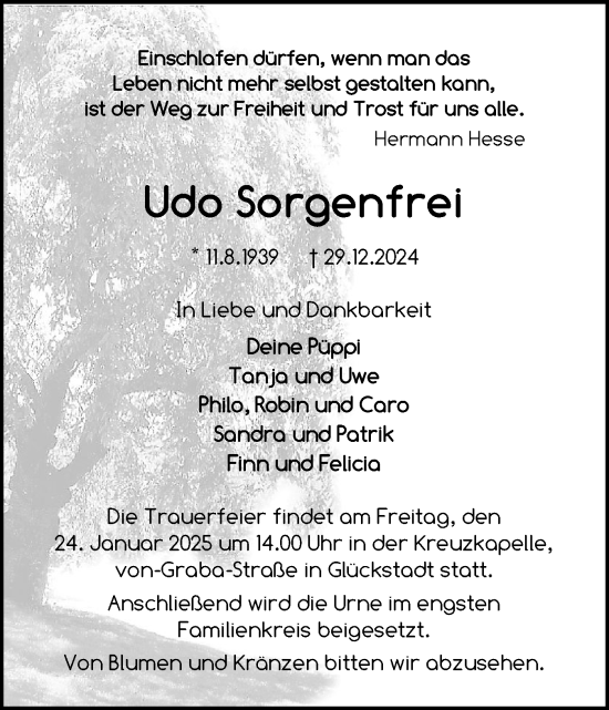 Traueranzeige von Udo Sorgenfrei von Norddeutsche Rundschau, Wilstersche Zeitung, Glückstädter Fortuna