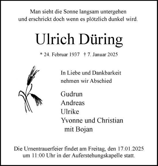 Traueranzeige von Ulrich Düring von Norddeutsche Rundschau, Wilstersche Zeitung, Glückstädter Fortuna