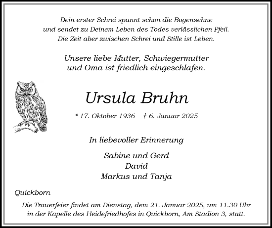 Traueranzeige von Ursula Bruhn von Region Pinneberg und tip Pinneberg