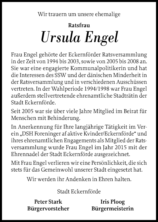 Traueranzeige von Ursula Engel von Eckernförder Zeitung, Hallo Eckernförde