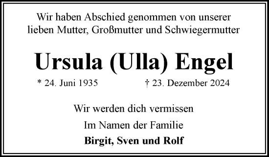 Traueranzeige von Ursula Engel von Eckernförder Zeitung, Hallo Eckernförde