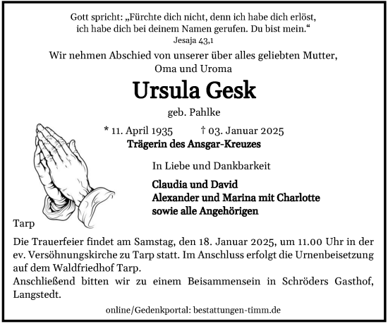 Traueranzeige von Ursula Gesk von Flensburger Tageblatt