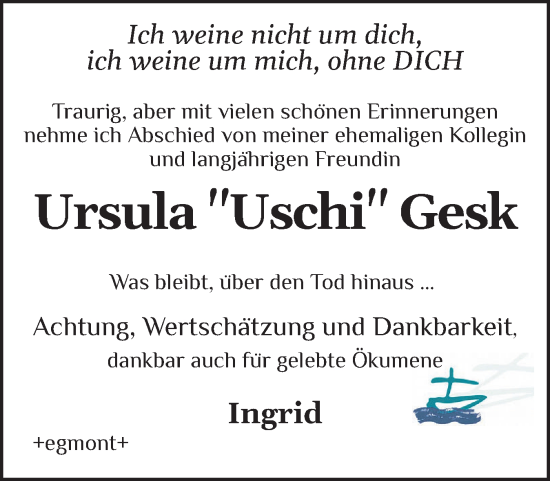 Traueranzeige von Ursula Gesk von Flensburger Tageblatt