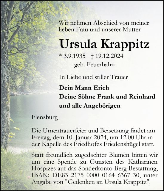 Traueranzeige von Ursula Krappitz von Flensburger Tageblatt