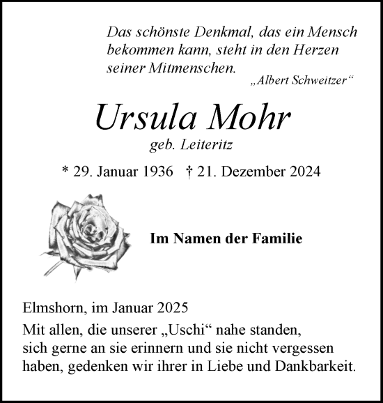 Traueranzeige von Ursula Mohr von Elmshorner Nachrichten, Barmstedter Zeitung