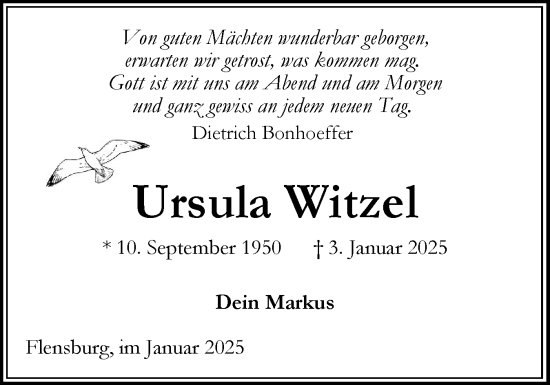 Traueranzeige von Ursula Witzel von Flensburger Tageblatt