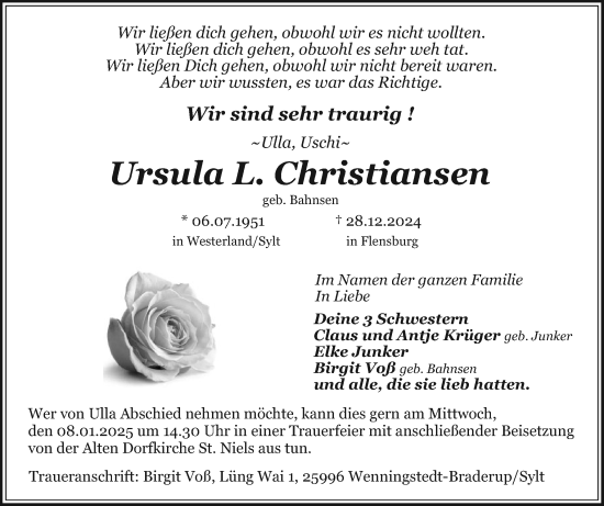 Traueranzeige von Ursula L. Christiansen von Sylter Rundschau