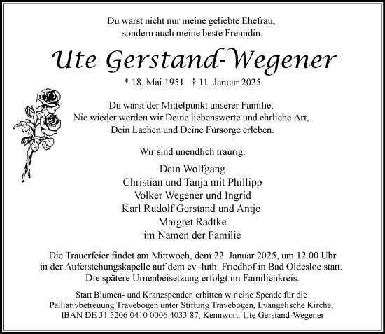 Traueranzeige von Ute Gerstand-Wegener von MARKT Bad Oldesloe/Reinfeld und Stormarner Tageblatt