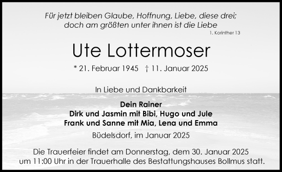 Traueranzeige von Ute Lottermoser von Schleswig-Holsteinische Landeszeitung