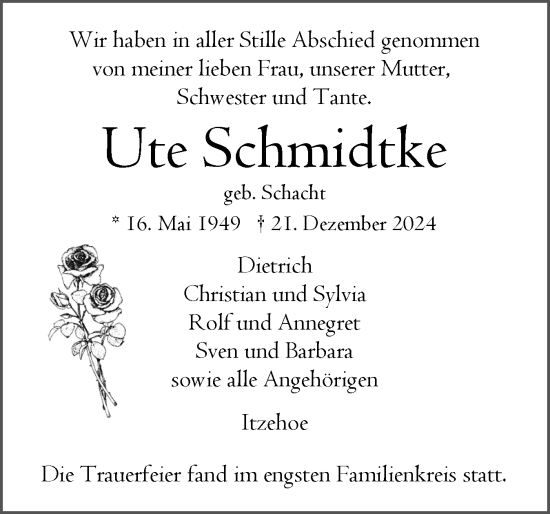 Traueranzeige von Ute Schmidtke von Norddeutsche Rundschau, Wilstersche Zeitung, Glückstädter Fortuna