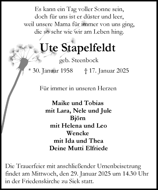 Traueranzeige von Ute Stapelfeldt von MARKT Ahrensburg/Bargteheide/Trittau und Stormarner Tageblatt