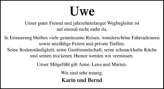Traueranzeige von Uwe  von MARKT Ratzeburg/Mölln