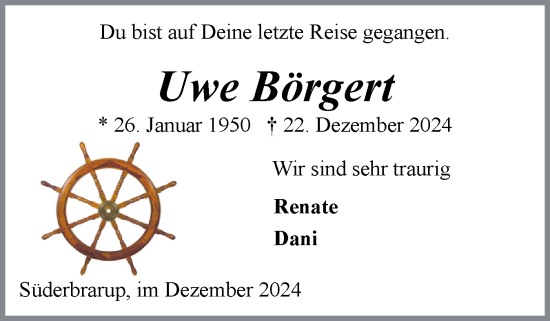 Traueranzeige von Uwe Börgert von Schleswiger Nachrichten, Schlei-Bote
