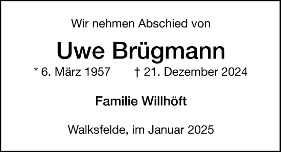 Traueranzeige von Uwe Brügmann von MARKT Ratzeburg/Mölln
