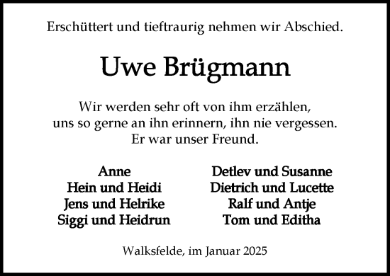 Traueranzeige von Uwe Brügmann von MARKT Ratzeburg/Mölln