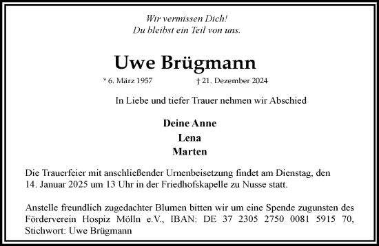 Traueranzeige von Uwe Brügmann von MARKT Ratzeburg/Mölln