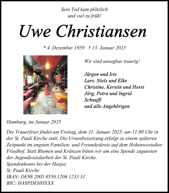 Traueranzeige von Uwe Christiansen von Schleswig-Holsteinische Landeszeitung