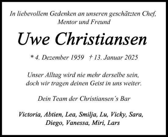 Traueranzeige von Uwe Christiansen von Schleswig-Holsteinische Landeszeitung