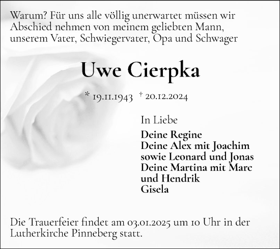 Traueranzeige von Uwe Cierpka von Region Pinneberg und tip Pinneberg