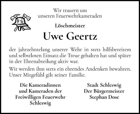 Traueranzeige von Uwe Geertz von Schleswiger Nachrichten, Schlei-Bote