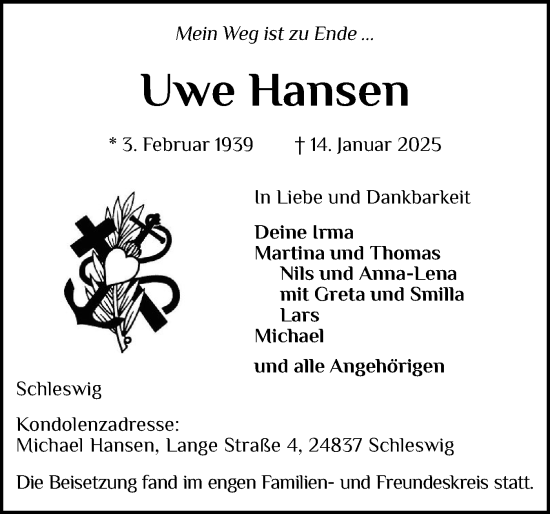 Traueranzeige von Uwe Hansen von Schleswiger Nachrichten, Schlei-Bote