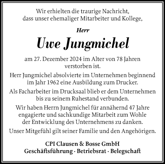 Traueranzeige von Uwe Jungmichel von Husumer Nachrichten, Nordfriesland Tageblatt