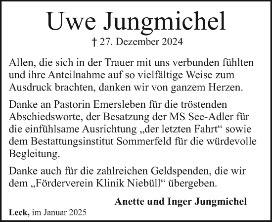 Traueranzeige von Uwe Jungmichel von Husumer Nachrichten, Nordfriesland Tageblatt